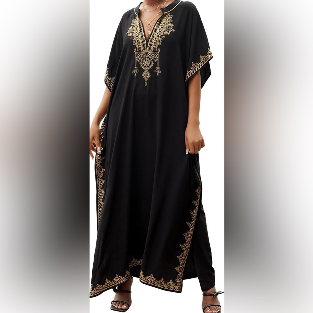 Elegant Black Gold Embroidered Kaftan Cover Up Maxi Dress - Picture 4 of 13